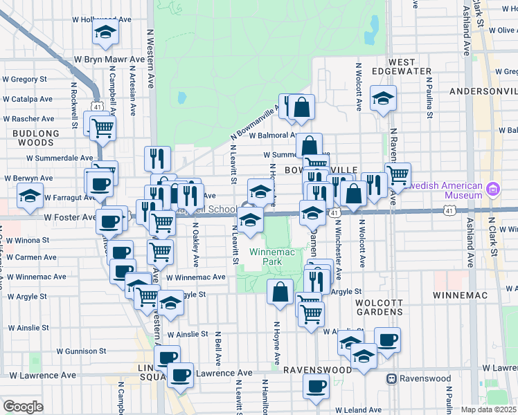 map of restaurants, bars, coffee shops, grocery stores, and more near 2116 West Foster Avenue in Chicago