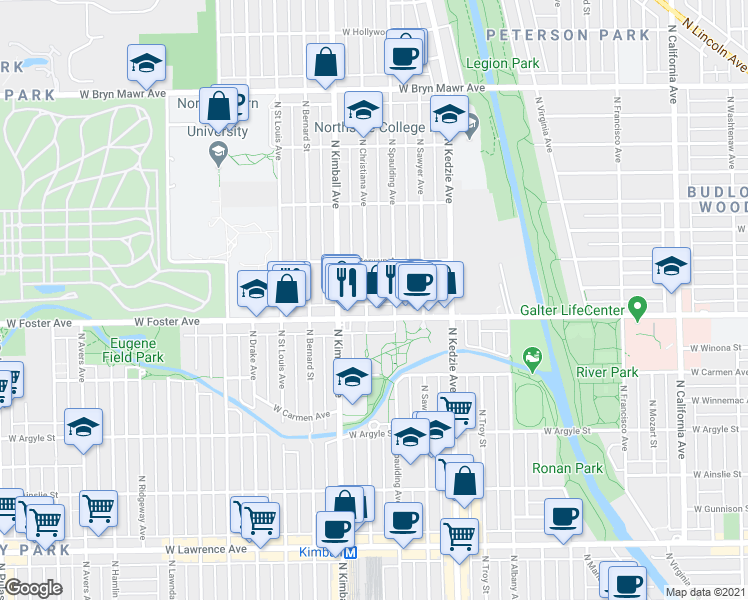 map of restaurants, bars, coffee shops, grocery stores, and more near 5204 North Christiana Avenue in Chicago
