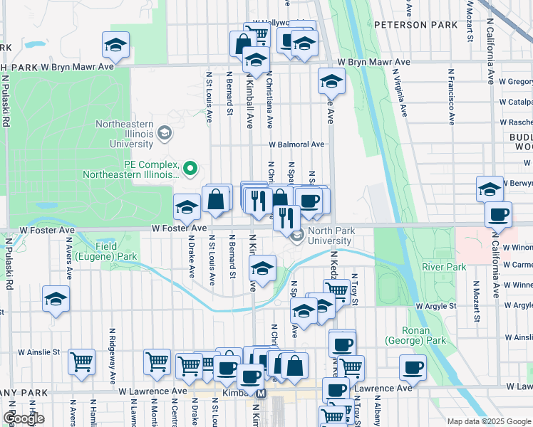 map of restaurants, bars, coffee shops, grocery stores, and more near 5204 North Christiana Avenue in Chicago