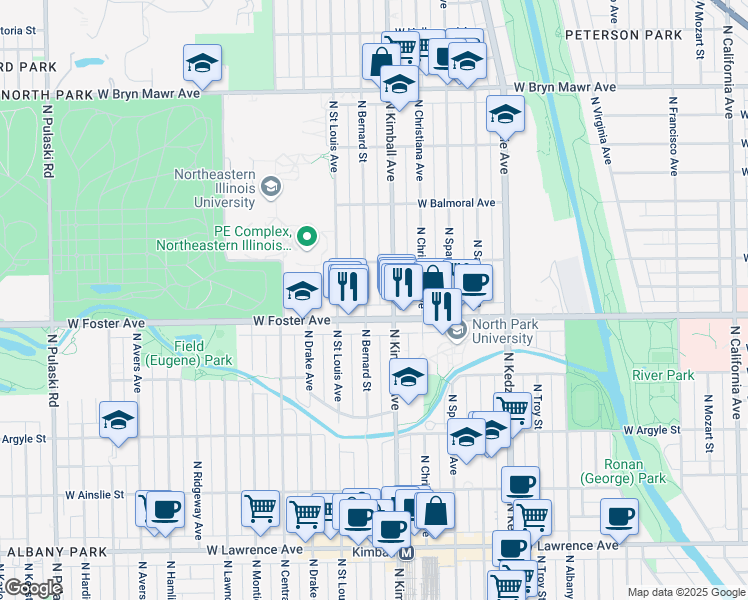 map of restaurants, bars, coffee shops, grocery stores, and more near 3412 West Foster Avenue in Chicago