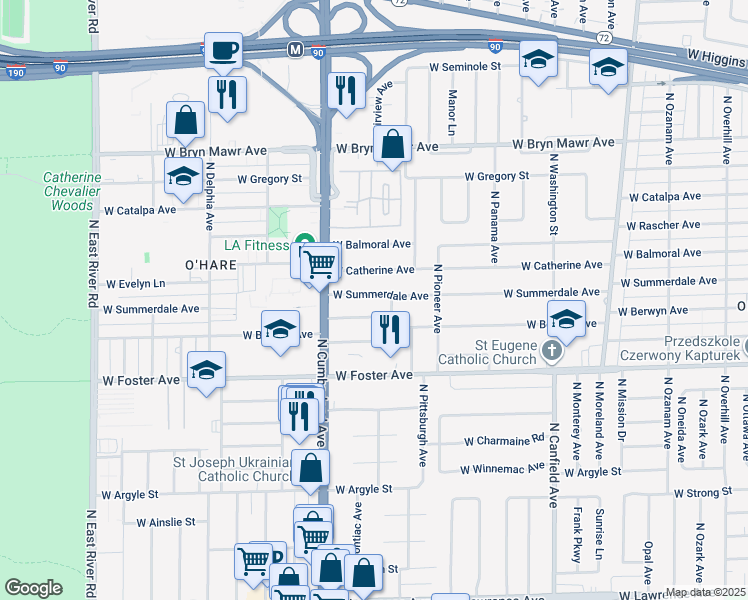 map of restaurants, bars, coffee shops, grocery stores, and more near 8300 West Berwyn Avenue in Chicago