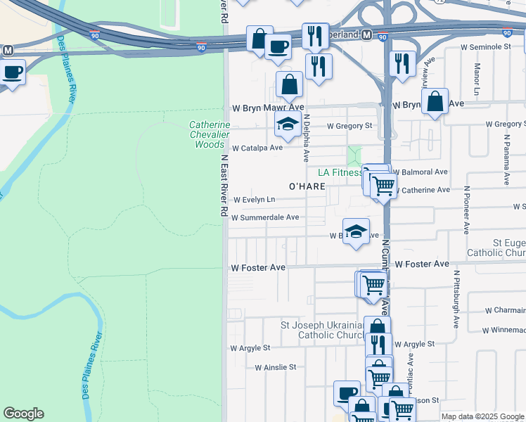 map of restaurants, bars, coffee shops, grocery stores, and more near 8715 West Summerdale Avenue in Chicago