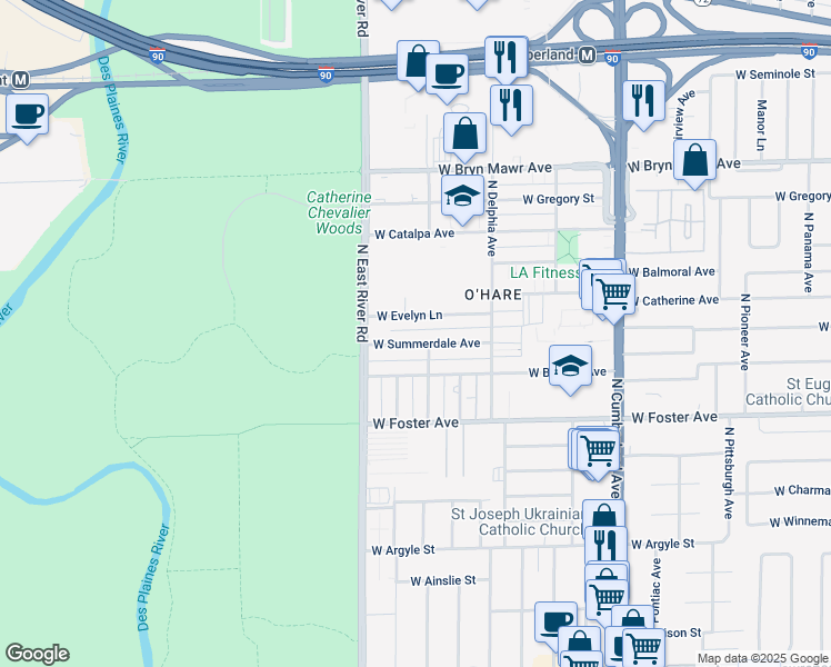 map of restaurants, bars, coffee shops, grocery stores, and more near 8715 West Summerdale Avenue in Chicago