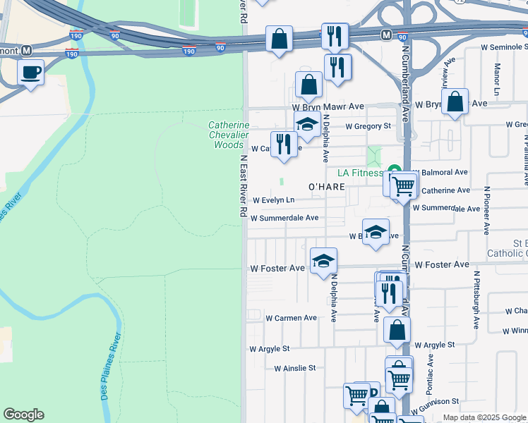 map of restaurants, bars, coffee shops, grocery stores, and more near 8759 West Summerdale Avenue in Chicago
