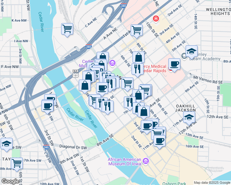 map of restaurants, bars, coffee shops, grocery stores, and more near 309 5th Avenue Southeast in Cedar Rapids