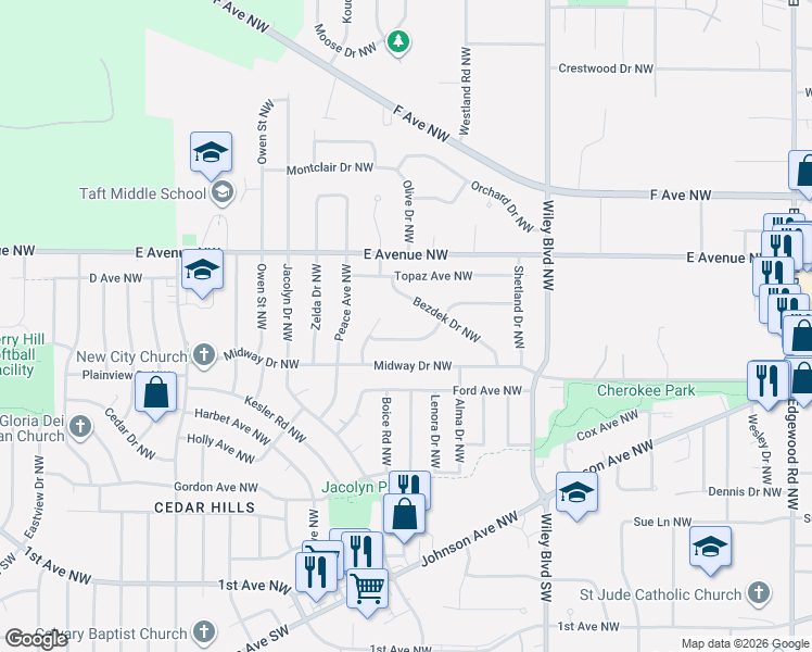 map of restaurants, bars, coffee shops, grocery stores, and more near 4606 Pearl Avenue Northwest in Cedar Rapids