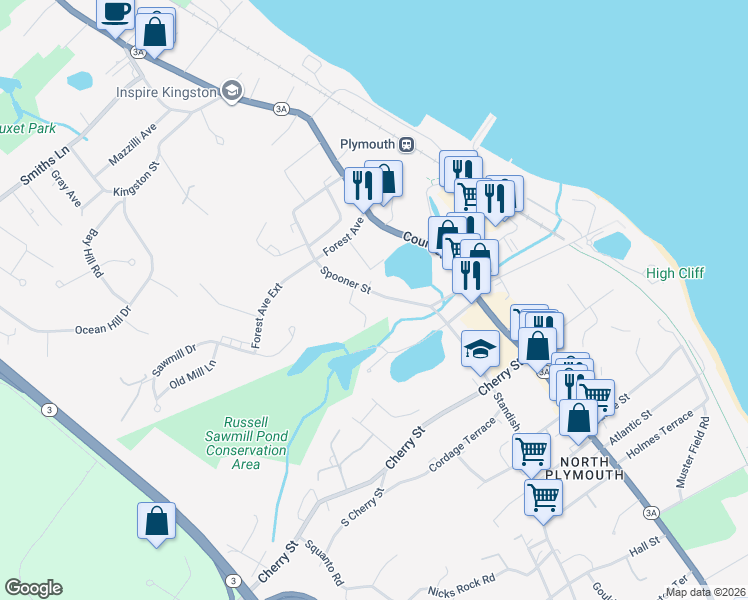 map of restaurants, bars, coffee shops, grocery stores, and more near 26 South Spooner Street in Plymouth