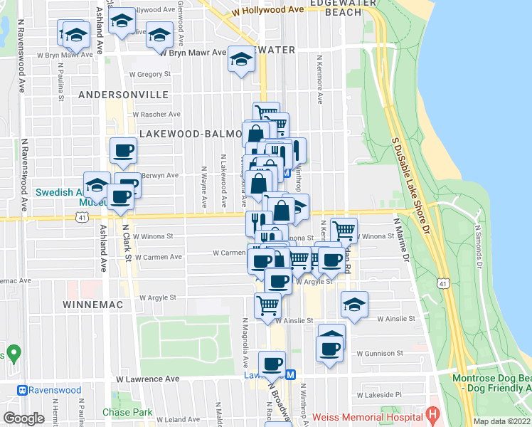 map of restaurants, bars, coffee shops, grocery stores, and more near W Foster Ave & North Broadway in Chicago