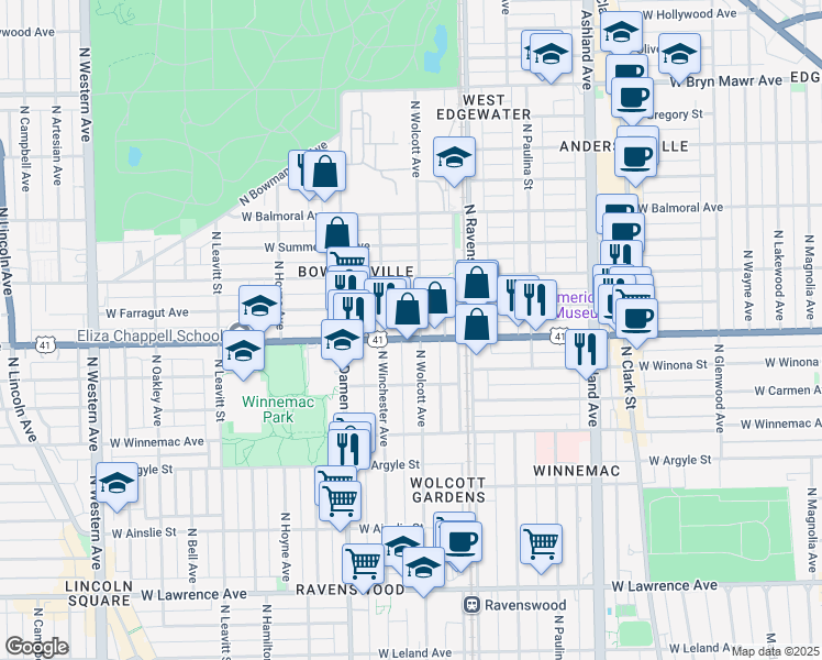 map of restaurants, bars, coffee shops, grocery stores, and more near in Chicago