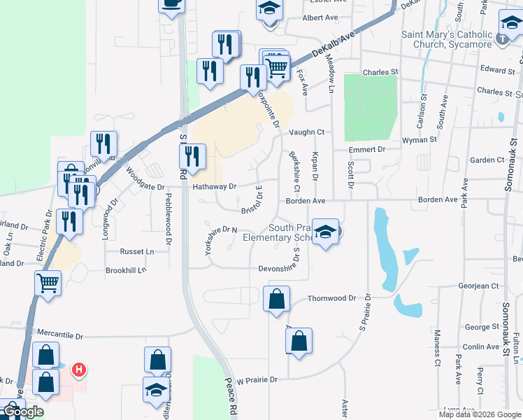 map of restaurants, bars, coffee shops, grocery stores, and more near 1048 Bristol Drive East in Sycamore