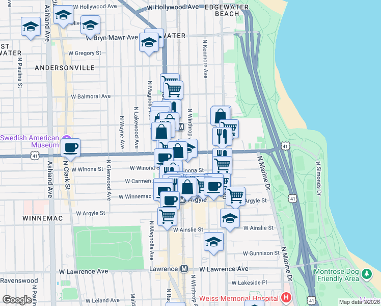map of restaurants, bars, coffee shops, grocery stores, and more near W Foster Ave & N Winthrop Ave in Chicago