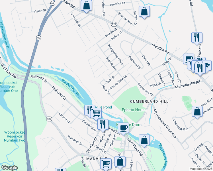 map of restaurants, bars, coffee shops, grocery stores, and more near 14 Plant Street in Cumberland