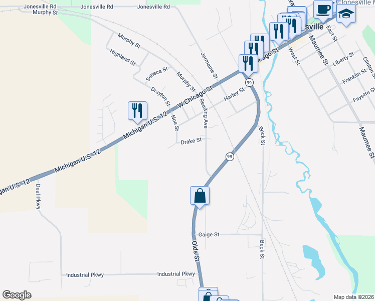 map of restaurants, bars, coffee shops, grocery stores, and more near 421 Drake Street in Jonesville