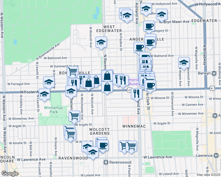 map of restaurants, bars, coffee shops, grocery stores, and more near 1740 West Foster Avenue in Chicago