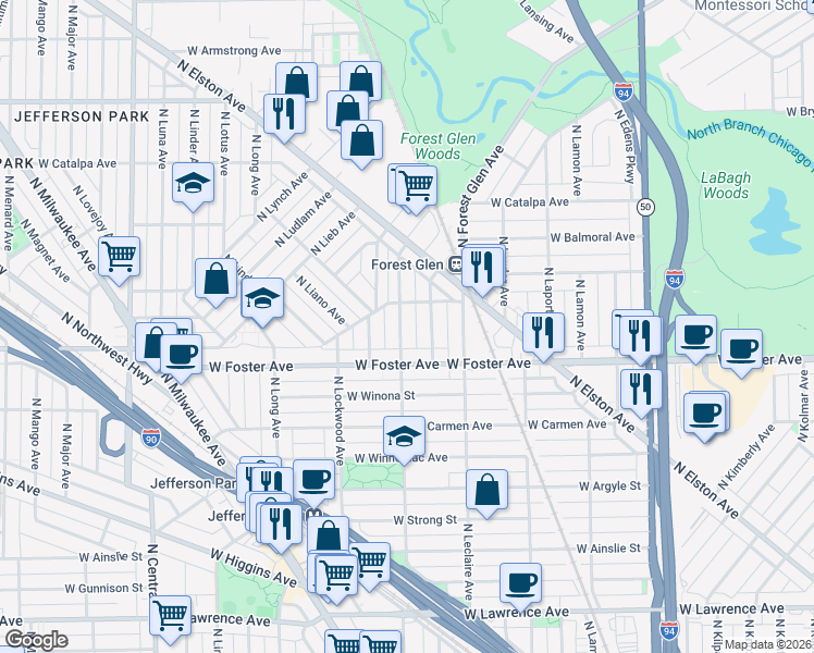 map of restaurants, bars, coffee shops, grocery stores, and more near 5237 North Laramie Avenue in Chicago