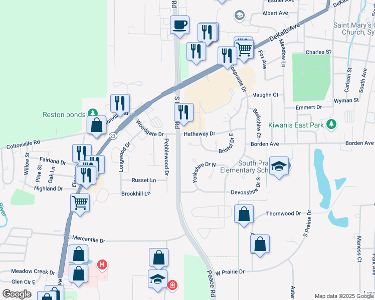 map of restaurants, bars, coffee shops, grocery stores, and more near 1550 Pebblewood Drive in Sycamore