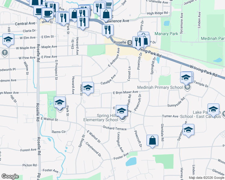 map of restaurants, bars, coffee shops, grocery stores, and more near 403 East Bryn Mawr Avenue in Roselle