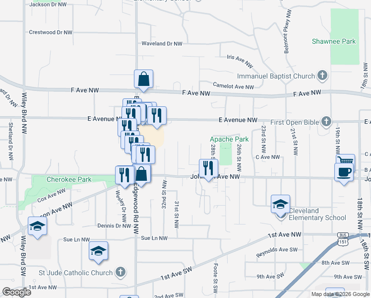 map of restaurants, bars, coffee shops, grocery stores, and more near 348 30th Street Northwest in Cedar Rapids