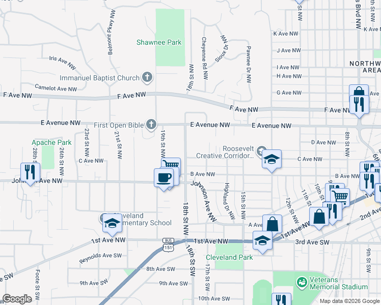 map of restaurants, bars, coffee shops, grocery stores, and more near 1739 C Avenue Northwest in Cedar Rapids