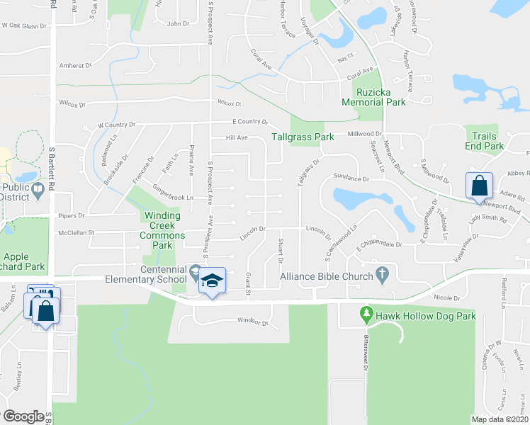 map of restaurants, bars, coffee shops, grocery stores, and more near 838 Grant Street in Bartlett