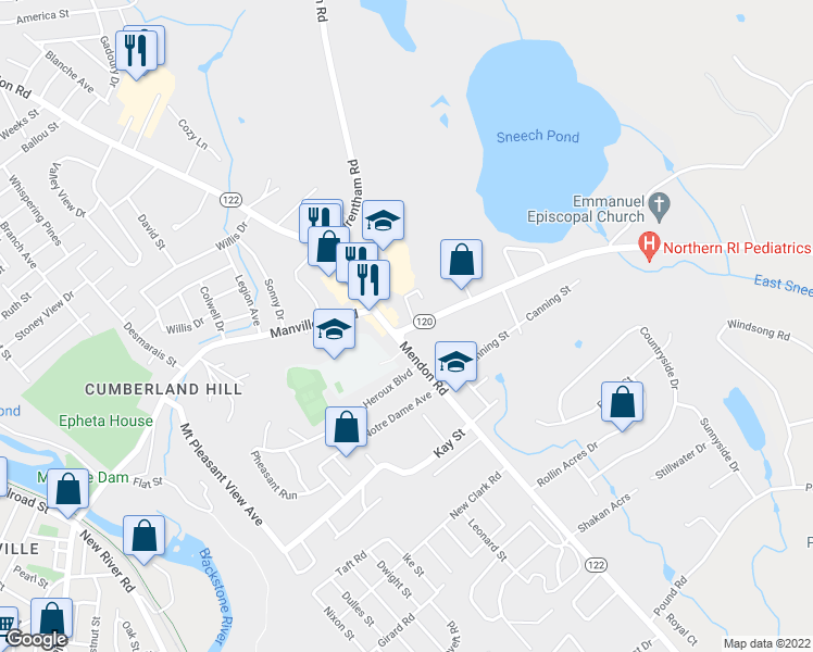 map of restaurants, bars, coffee shops, grocery stores, and more near 3291 Mendon Road in Cumberland