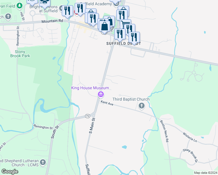 map of restaurants, bars, coffee shops, grocery stores, and more near 208 South Main Street in Suffield