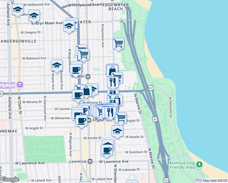 map of restaurants, bars, coffee shops, grocery stores, and more near 5123-5199 N Sheridan Rd in Chicago