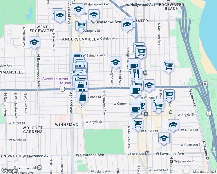 map of restaurants, bars, coffee shops, grocery stores, and more near 5145 North Glenwood Avenue in Chicago