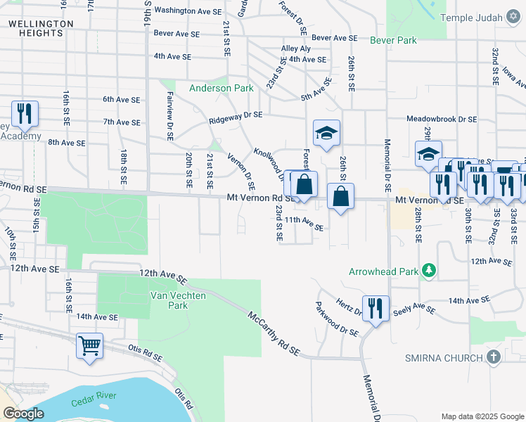 map of restaurants, bars, coffee shops, grocery stores, and more near 2149 Mount Vernon Road Southeast in Cedar Rapids