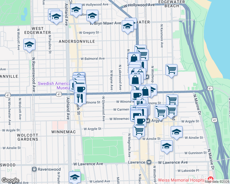 map of restaurants, bars, coffee shops, grocery stores, and more near 1315 West Foster Avenue in Chicago
