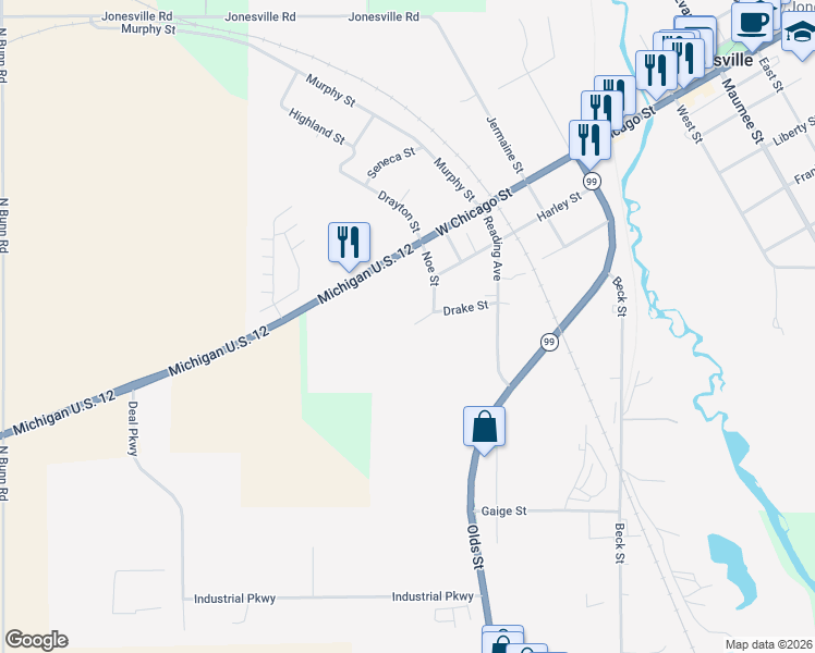 map of restaurants, bars, coffee shops, grocery stores, and more near 599 Drake Street in Jonesville