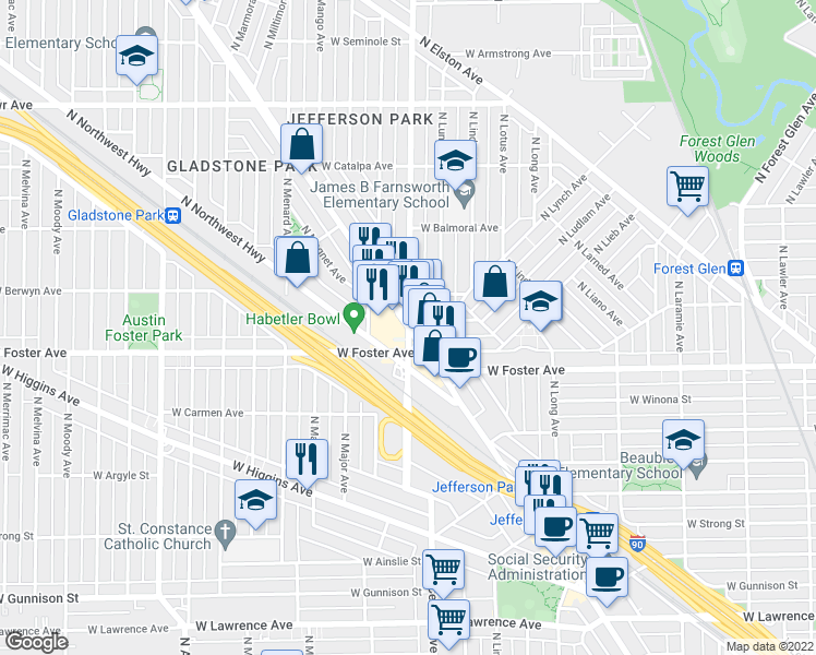 map of restaurants, bars, coffee shops, grocery stores, and more near North Milwaukee Avenue & North Central Avenue in Chicago