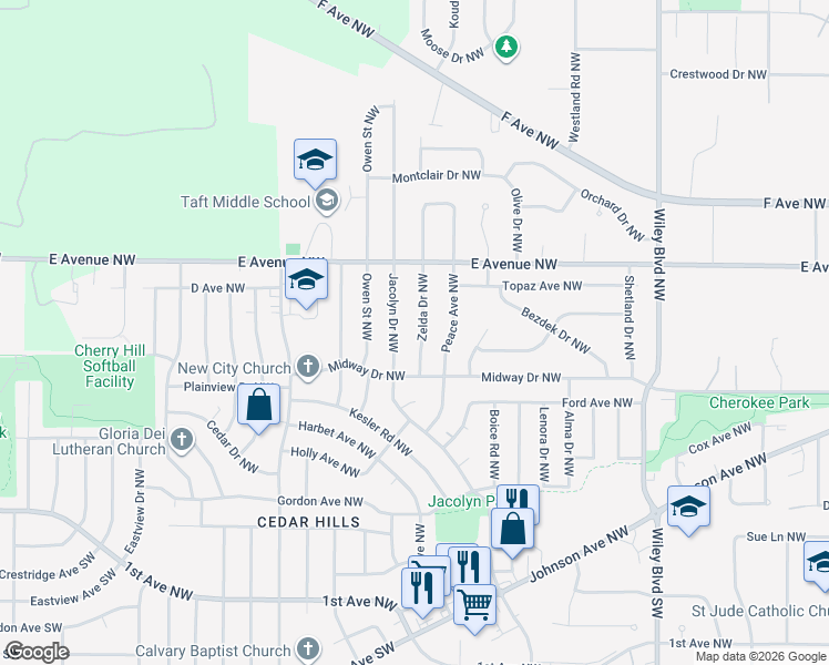 map of restaurants, bars, coffee shops, grocery stores, and more near 408 Zelda Drive Northwest in Cedar Rapids