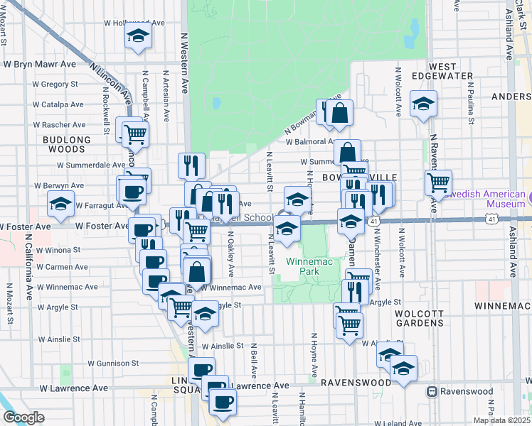 map of restaurants, bars, coffee shops, grocery stores, and more near 2200 West Foster Avenue in Chicago