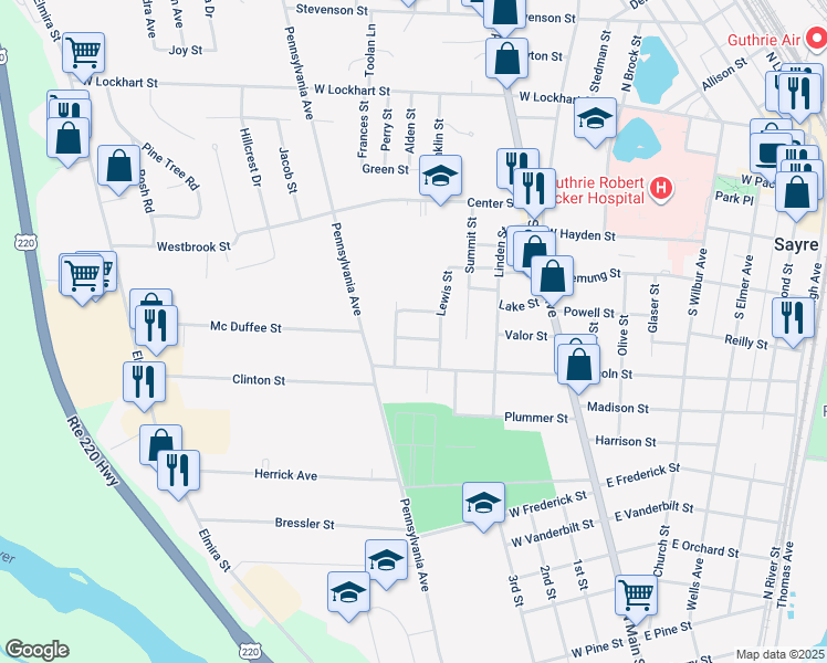 map of restaurants, bars, coffee shops, grocery stores, and more near 1 Winterwood Lane in Sayre