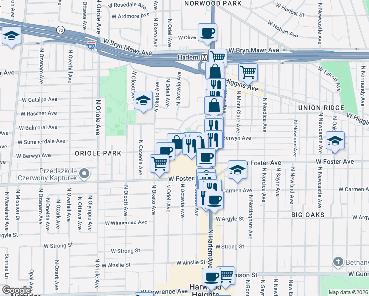 map of restaurants, bars, coffee shops, grocery stores, and more near 7301 West Berwyn Avenue in Chicago