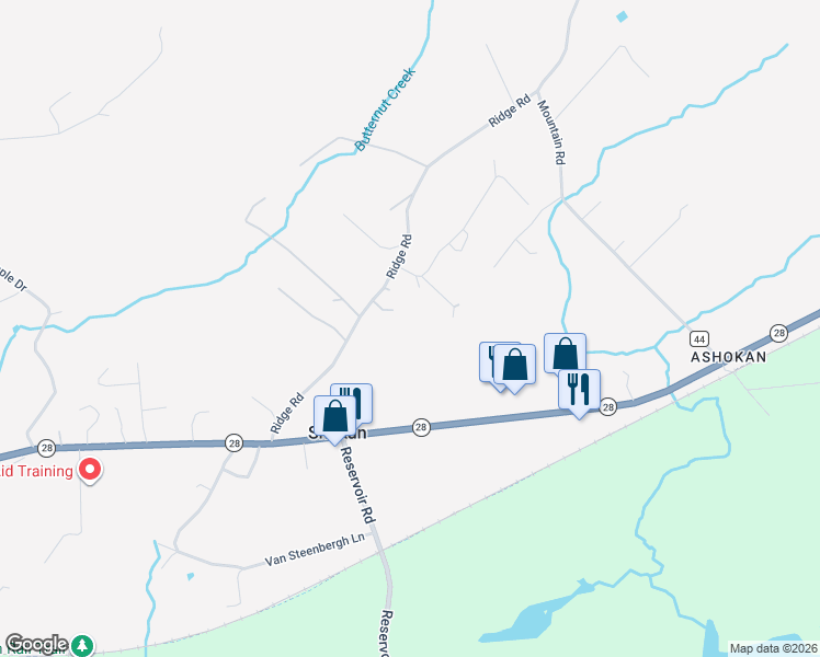 map of restaurants, bars, coffee shops, grocery stores, and more near 56 Ridge Road in Shokan