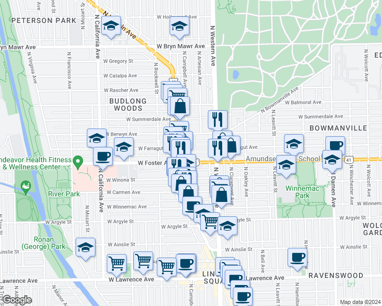 map of restaurants, bars, coffee shops, grocery stores, and more near 5228 North Campbell Avenue in Chicago