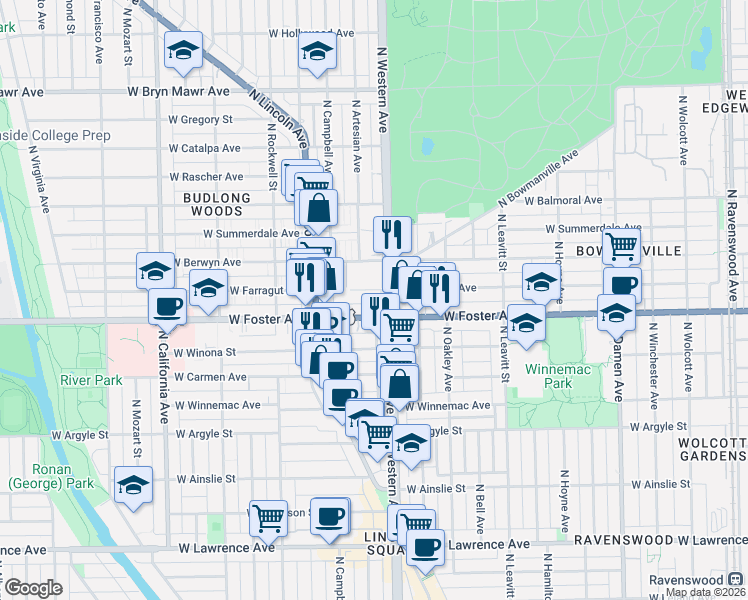 map of restaurants, bars, coffee shops, grocery stores, and more near in Chicago