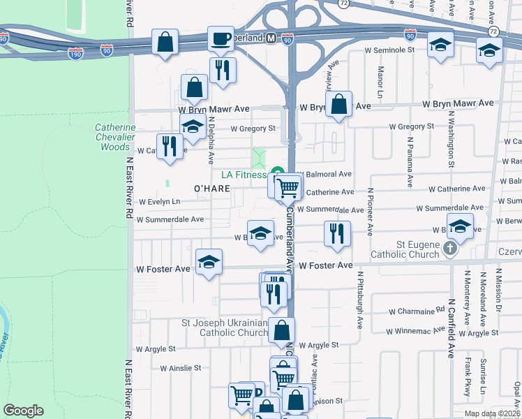 map of restaurants, bars, coffee shops, grocery stores, and more near 5306 North Cumberland Avenue in Chicago