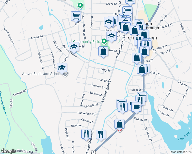 map of restaurants, bars, coffee shops, grocery stores, and more near 49 Ash Street in North Attleborough