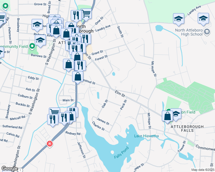 map of restaurants, bars, coffee shops, grocery stores, and more near 9 Oak Street in North Attleborough