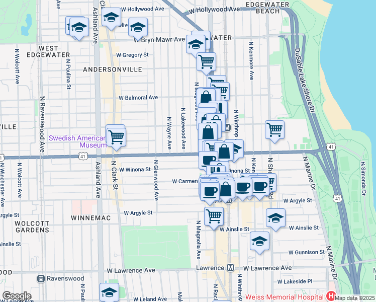 map of restaurants, bars, coffee shops, grocery stores, and more near 1237 West Foster Avenue in Chicago