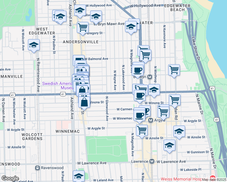 map of restaurants, bars, coffee shops, grocery stores, and more near 5145 North Glenwood Avenue in Chicago
