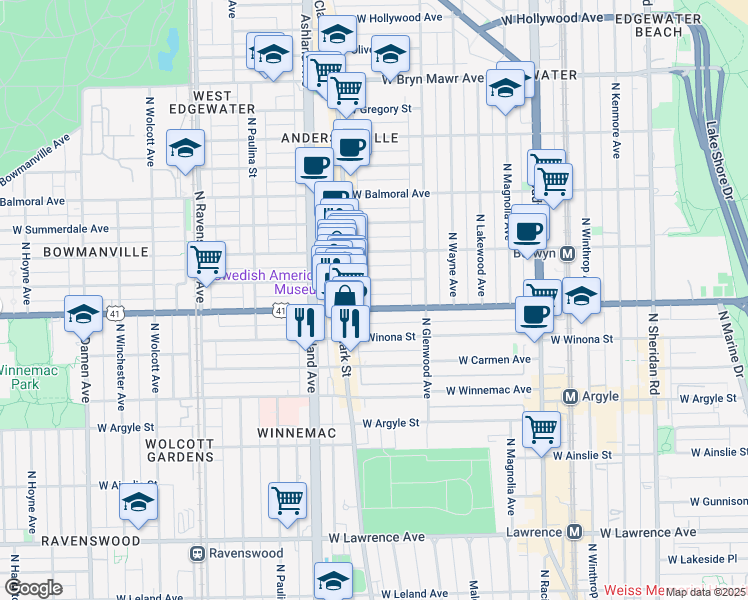 map of restaurants, bars, coffee shops, grocery stores, and more near 1473 West Foster Avenue in Chicago