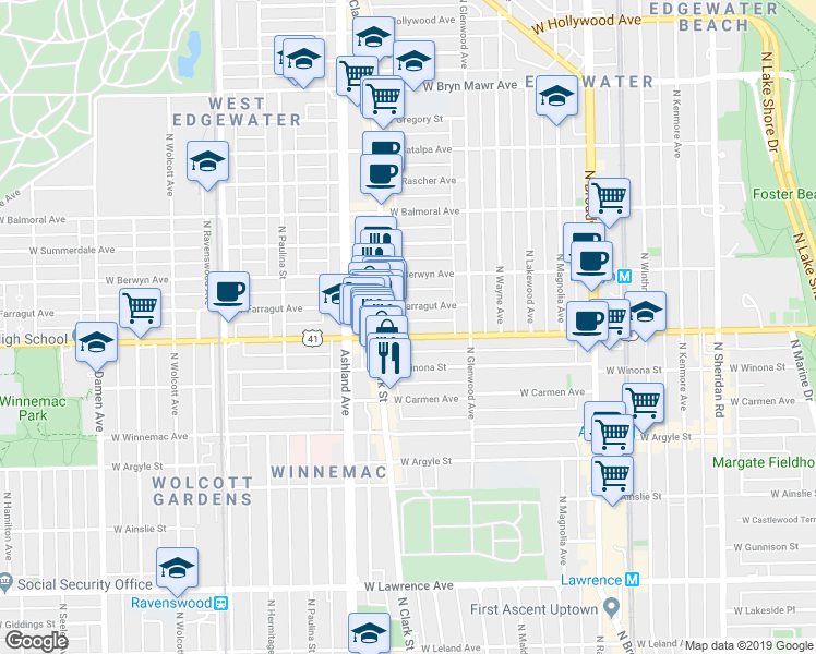 map of restaurants, bars, coffee shops, grocery stores, and more near 1473 West Foster Avenue in Chicago