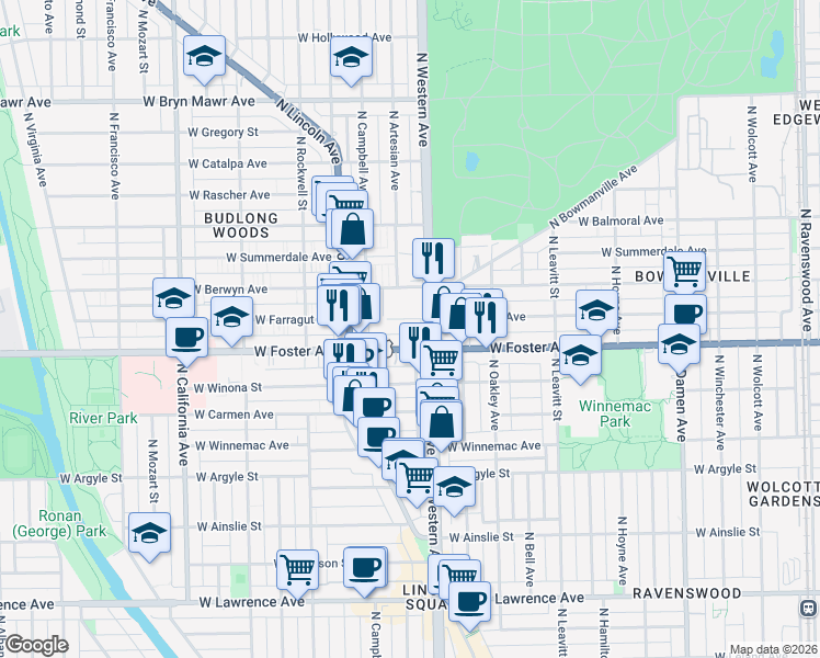 map of restaurants, bars, coffee shops, grocery stores, and more near in Chicago