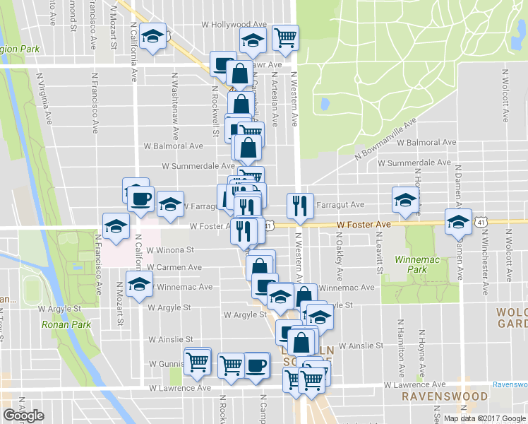 map of restaurants, bars, coffee shops, grocery stores, and more near 2460 U.S. 41 in Chicago