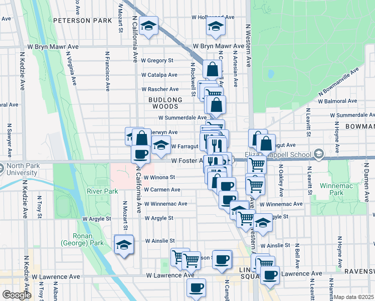 map of restaurants, bars, coffee shops, grocery stores, and more near 204 West Foster Avenue in Chicago