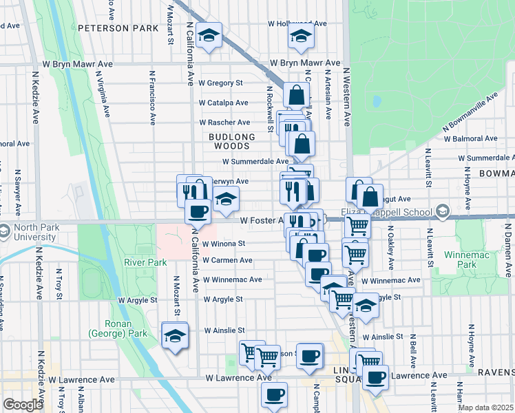 map of restaurants, bars, coffee shops, grocery stores, and more near 204 West Foster Avenue in Chicago